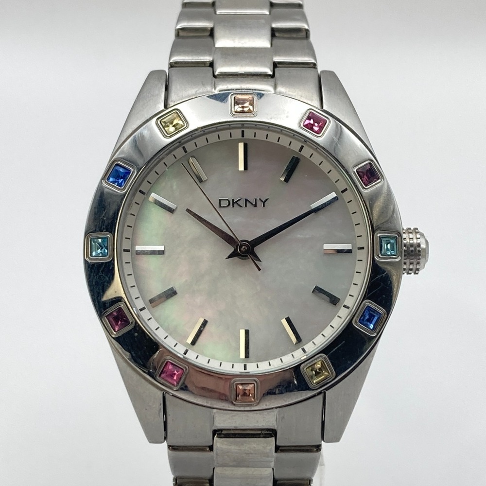 DKNY Women's Watch 36mm Silver Tone Rainbow Crystals MOP Dial New Battery 7.5"
